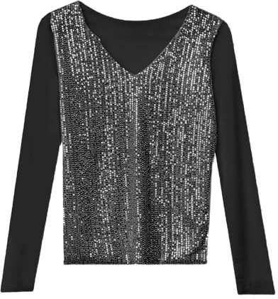 biJerou Women's Sequin Top, Pullover, Shirt, Women's Short Sleeve Double Layer Mesh and Sequins, Tight Fit Long Sleeve Top, Lace Shirt, Women's Long Sleeve, silver, 3XL