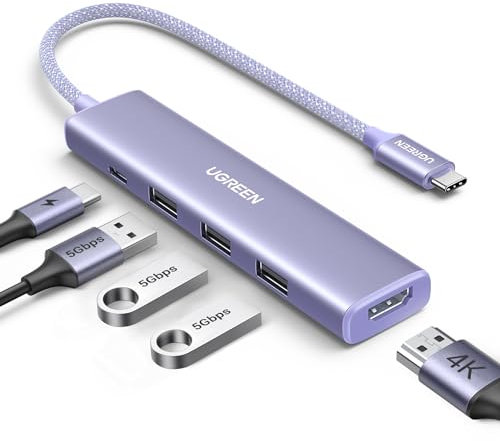 UGREEN USB C Hub HDMI 4K 5 in 1 USB C to USB 3.0 Adapter 5Gbps Compatible with MacBook Pro Air M3 M2 M1, iPad Pro Air, iPhone 16 Plus Pro MAX, Galaxy S24 Plus Ultra, Surface Pro 9 (Purple)