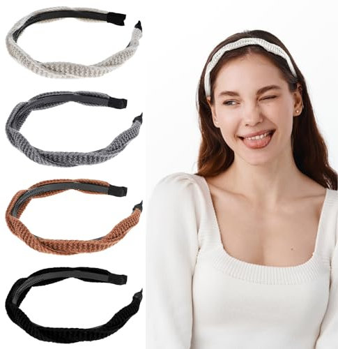 Nogeqi 4 Stück Geflochtenes Haarreif Damen Geknotete Stoff Stirnbänder Kunststoff Geflochtenes Rutschfestes Gestricktes Haarband für Mädchen Damen