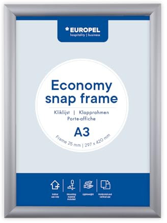 Europel Economy Klapprahmen, A3,Farbe Silber, Profil 25 x 11 mm, für Poster 29,7 x 42 cm, eloxiertes Aluminium, Antireflexfolie, Anzeige von Werbung, Hotel, Büro, Restaurant, Speisekarten