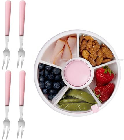 Snack Spinner Snackbox Kinder, Snack Spinner Box Snack Spinner Tragbare Melone Süßigkeiten Samen Organizer, mit Feuchtigkeitsbeständiger Abdeckung, Kommt mit 4 Obstgabeln (Rosa)