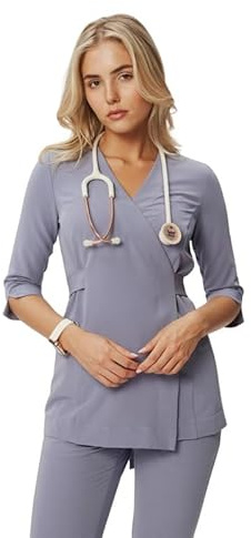 MEDHOODIE Damen-Kasack Rosalie für den Arzt- und Pflegebereich - Schlupfkasack modern & bequem mit verstellbarem Gürtel - Medizinische Berufsbekleidung (Milky Lavender, M)