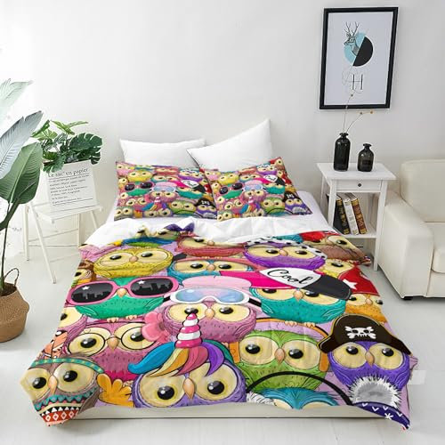 ANHOPE Nette Cartoon Tier Eule Bettwäsche Set Weich Microfaser Bettbezüge mit Reißverschluss 2 Teilig Bettbezug 140x200 cm & Kissenbezug 65x65 cm Bettdeckenbezug Set für Kinder Jungen Mädchen