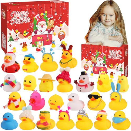 Gummi Enten Adventskalender 2024 Adventskalender Enten Weihnachts Countdown Kalender mit 24 Verschiedenen Gummi Enten Badeenten Quetschspielzeug zum Stressabbau Weihnachten Kalender Box für Kinder