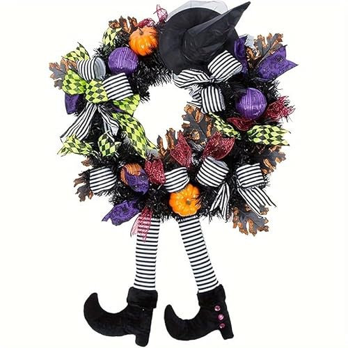 SANHIGHEND Halloween deko Türkranz für die Haustür, Hexen Halloween Dekoration, 44 x 64 cm, mit Hexenhutbeinen hängendem Schlüsselband, Hexenkranz, Halloween Deko Indoor Outdoor für Haustür, Wanddeko