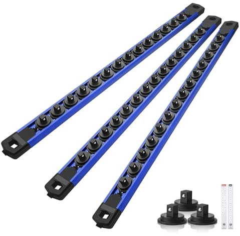 Reniteco Magnetic Socket Organizer Set, 3-Pack 1/4” Socket Rails | 42 Clips, Heavy-Duty Aluminum Alloy Rails, Removable 360° Swivel ABS Clips, Magnetic Base, Tool Box Drawer or Wall Mount