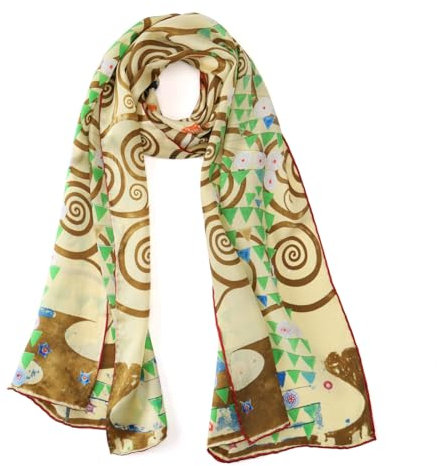 JWSilk Longue écharpe en soie Charmeuse - Impression artistique classique, Arbre de vie par Gustav Klimt Taupe, 63 x 17