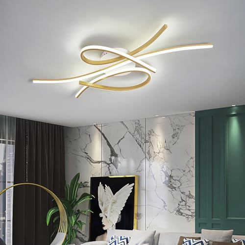 QYSMGS LED Deckenleuchte Oval Schwarz und Gold Deckenleuchte mit Fernbedienung 100CM Modern Flush Mount Dimmable Deckenbeleuchtung für Wohnzimmer Schlafzimmer Esszimmer Küche Insel (Gold, 100CM)