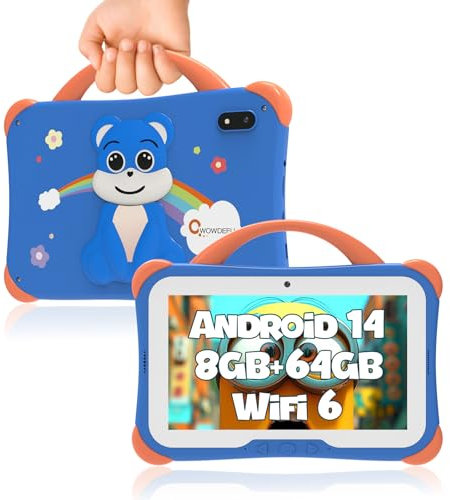 CWOWDEFU Kids Tablet 7 inch,8GB+64GB,Android 14 Tablets for Kids,Toddler Learning Tablet with Case,4000mAh/Parental Control/Dual Camera,FM/GPS/OTG/Great Gift for Children(Blue)