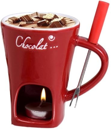 Xiwhuua Schokoladen Fondue Becher, Schokoladenfondue Set mit Edelstahl Gabeln, Teelicht Schokofondue Tasse, Keramik Schokoladen Fondue Tasse, Kleines Fondueset für Schokolade Käse
