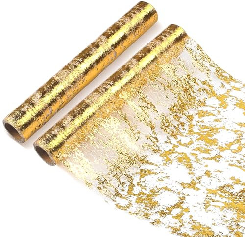 Chemin De Table Filet avec Feuille d'or 28cmx10m, Chemin De Table Polyester,Ruban De Table Métallisé Décoration pour Fête,Célébrations,Anniversaire, Mariage, Noël, Fêtes De Bébé,DIY,etc.(2PCS)