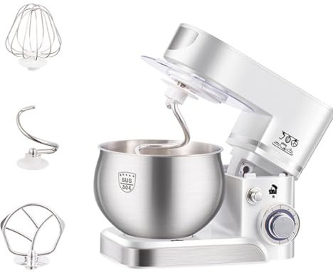 TONGQIC Stand Mixer, High-Power Table Mixer with Three Mixing Heads with Different Functions, 1200w, 6-Speed Adjustable, 5-Liter Stainless Steel Bowl with Splash Guard, Suitable for The Kitchen white