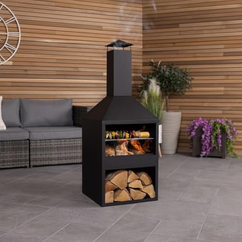CHARLES BENTLEY Iron And Black Powder Coated Steel 118cm BBQ & Chimenea, Heater, Wood And Charcoal Burner, Rust Resistant, Log Storage, Poker Included, Contemporary Design, In Black (118x44x44cm)