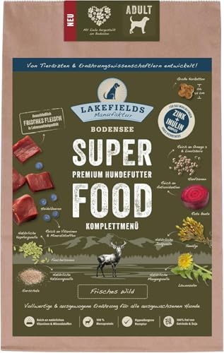 LAKEFIELDS MANUFAKTUR - SUPERFOOD - Premium Hundefutter trocken, Wild 61%, getreidefreies Trockenfutter für ausgewachsene Hunde, Alleinfutter mit Wildfleisch, Hanfsamen & Roter Beete, Größe:3 x 1 Kg
