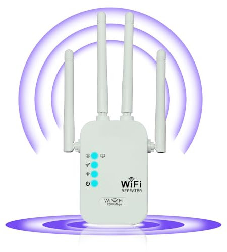 Repetidor WiFi，Extensor WiFi，5G y 2.4G1200Mbps Amplificador Señal WiFi，4 Antennas,2 Puertos LAN，Modos Repetidor/Router/Ap,Cobertura de hasta 300 m²,Suitable for Offices and Home