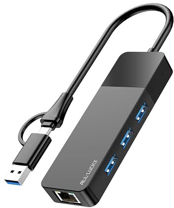 ALL-LUCKY USB to Ethernet Adapter, 4 in 1 USB C to Ethernet Adapter Hub with 3 x USB 3.0 Port/Gigabit Internet Port, High-Speed Network Hub Compatible for iMac,MacBook Pro，iPad Pro，XPS