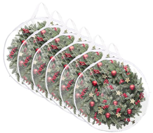 AKOLAFE 6 Pack Wreath Storage Bag 76cm Large Christmas Wreath Bags for Storage, Clear Christmas Garland Box Container Waterproof Holiday Décor Storage Bags With Zippers and Handle