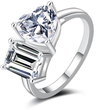 WAHZAUS Toi Et Moi Ring für Damen, 4 Karat (375), Farbe D, Reinheit VVS1, Smaragd/herzförmiger Moissanit-Verlobungsring, Sterlingsilber, Doppelsteinring, 7, Silber, Moissanit