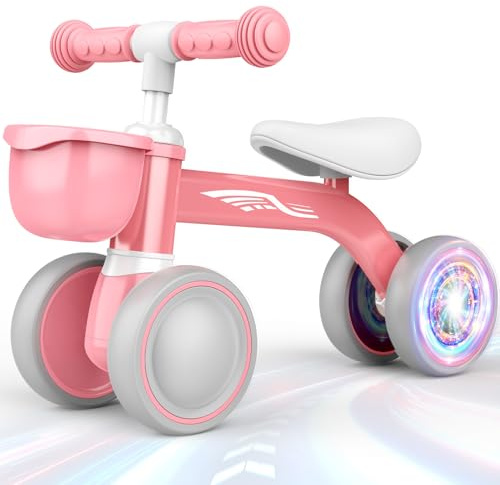HappyGoLucky Balance Bike 1 2 3 Year Old, 1st Birthday Gifts for Girls Outdoor Toddler Toys for 1-3 Year Old Girls Gifts, Garden Bike for 12-24 Months Baby Walker With LED Lights, Removable Basket