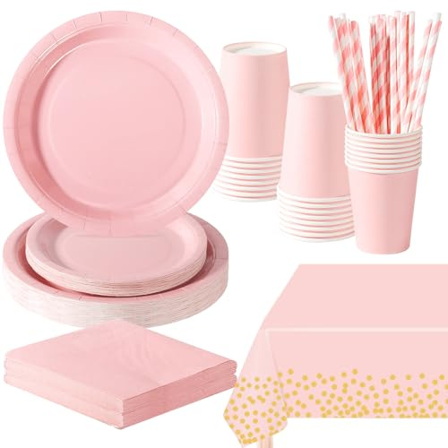 PYAILI Anniversaire Vaisselle de fete 121 Pièces Rose Morandi Party Assiettes en Papier Set Assiettes de Fête Papier Tasses Serviettesr, pour Barbecue les Fêtes les Pique-niques -24 Invités