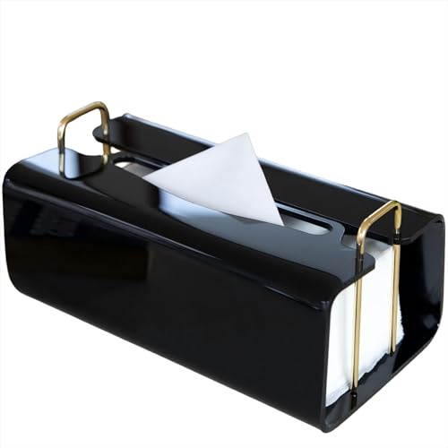 Acrylic Tissue Box Holder Rectangle with Curved Design - Decorative Modern Glossy Black Tissue Box Cover with Gold Metal Accents for Bathroom/Living Room/Office Décor