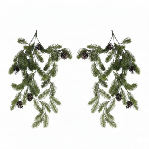 Binlava 2 Stück Künstliche Tannenzweige, Tannenzweige Künstlich wie Echt, 74cm Lang Kunststoff Kunstpflanzen Hängend, Künstliche Tannengrün Weihnachtszweige mit Tannenzapfen für Weihnachten Deko