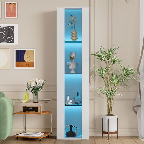 KSFASHZ Vitrine, weißes Wohnzimmer mit Licht, Vitrinen für weißes Wohnzimmer, weiße Vitrinen, Esszimmer, Vitrine, hohe Vitrinen, weißes Vitrinenregal, schmales und hohes Glas