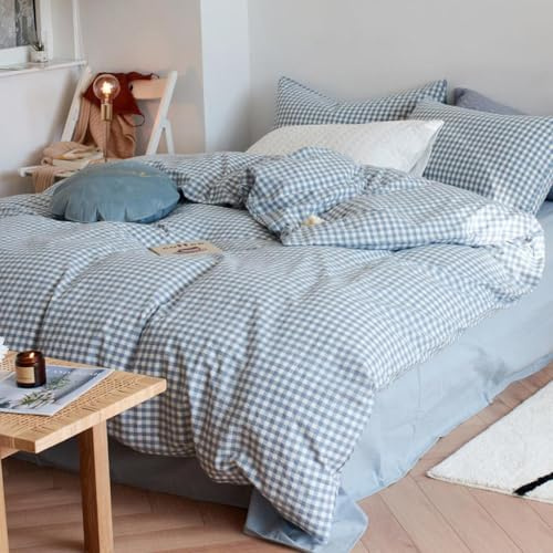 Lanqinglv Bettwäsche 155x220 Baumwolle Kariert Blau Weiß,Gittermuster | ÖKO-TEX Zertifiziert,100% Renforce Baumwolle,für Allergiker,Leinenoptik Bettbezug mit Reißverschluss 1 Kissenbezug 80x80