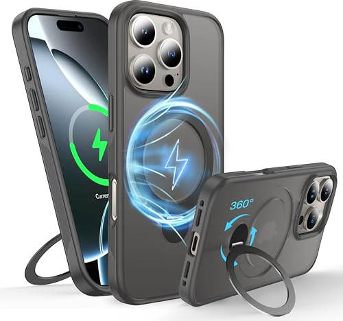 FNDMIL 360° Rotatable Magnetic Ring for iPhone 16 Pro Case with MagSafe | [Non-Slip Edge][Built-in Kickstand][Military Shockproof] Translucent Matte Soft Silicone Bumper Slim,Grey