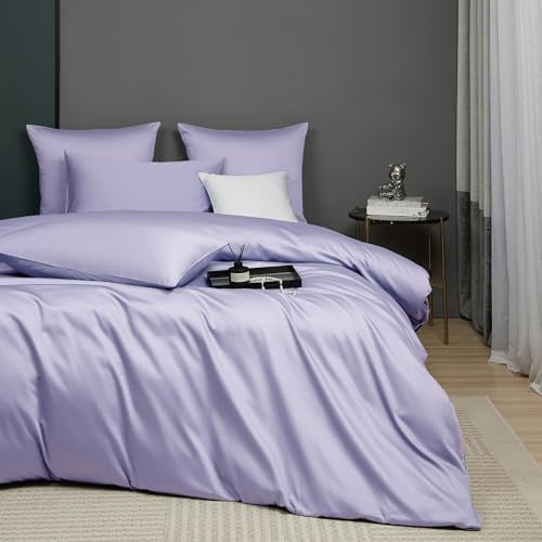 Luofanfei Bettwäsche 135x200 Baumwolle Kühlend Lila Mako Satin Sommer | Glatt Luxus Muster Atmungsaktiv Bettwäscheset Weich und Bügelfrei Uni Bettbezug Einzelbett und Kissenbezug 80x80 cm