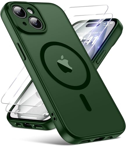 FLLAO Magnetic for iPhone 15 Case with 2 HD Screen Protector, Green