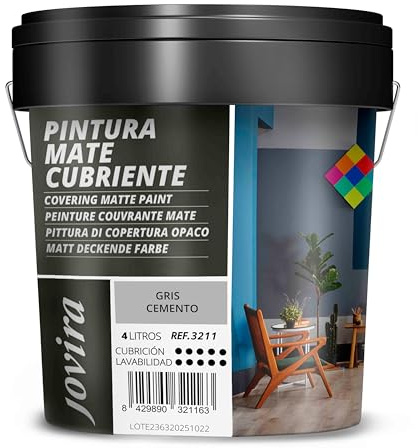 JOVIRA PINTURAS Pintura Mate Cubriente | Colores | Pintura interior-exterior con excelente poder cubriente. (4 Litros, Gris Cemento)-T
