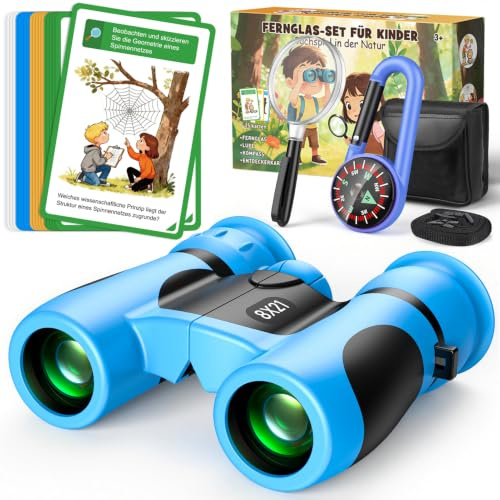 Fernglas für Kinder 8x21 mit Lupe, Kompass & Entdeckerkarten - Blau | Outdoor Spielzeug ab 3-10 Jahre, Gartenspielzeug Outdoor Spiele für Kinder, Natur Entdecker Set, Geschenk Junge Einschulung