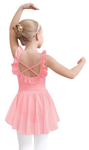 Haloumoning Girls Ballet Leotards Kids Ruffle Trim Crisscross Back Leotard Removable Skirt Dance Dress Outfit 3T-12Y Pink