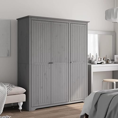 Hoopleep Kleiderschrank BODO Grau, 146x53,5x173 cm, Massivholz Kiefer, Französisches Design, Geräumige Aufbewahrung, Metallgriffe
