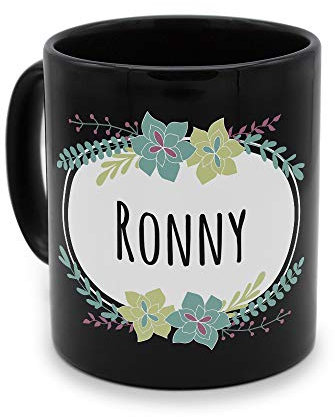 printplanet - Tasse Schwarz mit Namen Ronny - Motiv: Flowers - Namenstasse, Kaffeebecher, Mug, Becher, Kaffeetasse