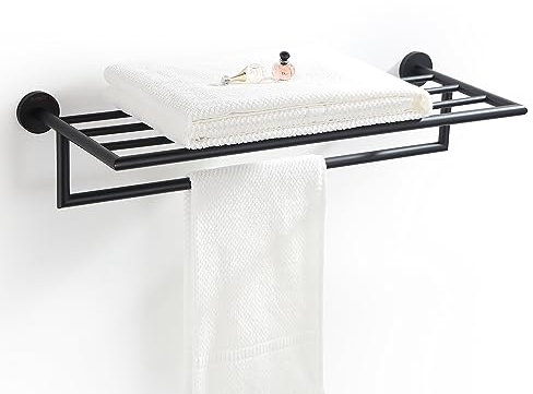 BUVELOT Handtuchhalter für Badezimmer, Handtuchregal aus Messing, Wandmontage und moderner Hotelstil mit Handtuchstange (25,75 Zoll Doppel-Handtuchhalter mit Stange, 077100-MB Leo-Serie, Mattschwarz)