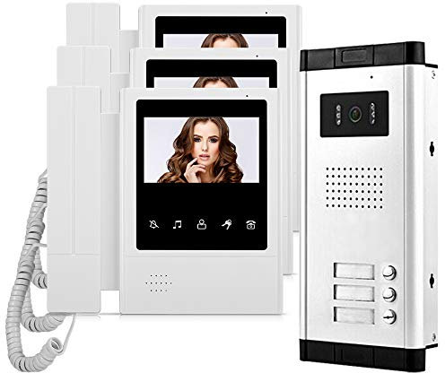 HFeng 4.3 '' Video Intercom System 3 Apartamentos con 700TVL Timbre de Puerta de cámara, Visión Nocturna, 3 Monitores