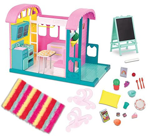 Glitter Girls Puppenhaus mit Zubehör – Großes Retro Stil Haus 64 cm mit Küche, Bett, Terrasse, Geschirr – Spielzeug für Kinder ab 3 Jahre (24 Teile)