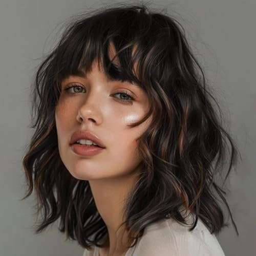 Colorfulpanda Perücke Damen Kurze Bob mit Pony Schwarz gemischt Braun Locken Gewellte Natürliche Haar Hitzebeständige Faser Perücken für Frauen Cosplay Perücke Kostüm Party 14 Zoll