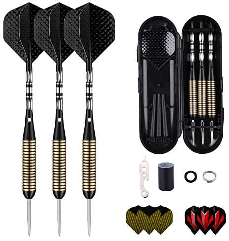 sanfeng Dartpfeile mit Metallspitze, 3 Stück 27 Gramm Steeldarts, Steel Darts Pfeile mit Aluminum Schafts 9 Flights,50 Anti-Lose Gummiringe 12 Spring Rings 1 Dart Tool Sharpener