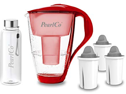 perlopur® Glas-Wasserfilter (rot) +3 Kart. Protect+ +Glas-Trinkfl. | Borosilikatglas, 2 l gesamt, 1 l gefiltert, LED-Anzeige, für classic Kartuschen, für sehr hartes Wasser, starke Entkalkung