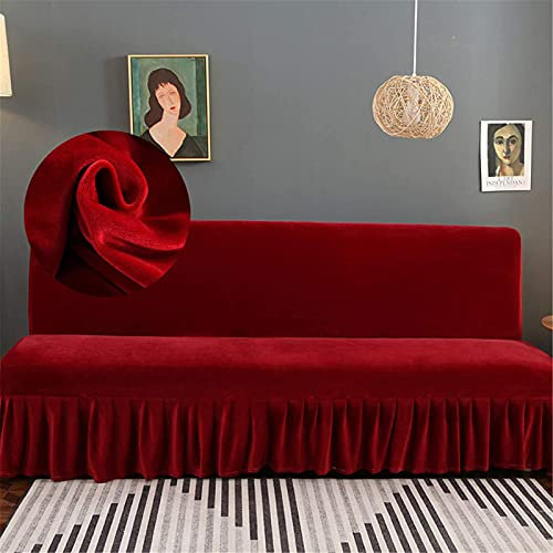 GEBIN Sofabezug Ohne Armlehnen Mit Rüschenrock, Samt Armloser Sofaüberwurf, Schlafsofa Schonbezug Stretchhusse Abdeckung Waschbar Antirutsch Für Schlafsofa Ohne Armlehnen (Burgunderrot,L)