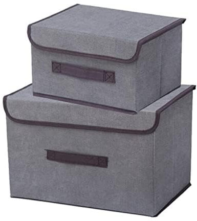 Yuechenggui 2 Pcs Fabric Foldable Storage Boxes with Lids (2 Size), Grey Collapsible Storage Bins with Handles for Toy, Books, Bedroom Closet Office Living Room