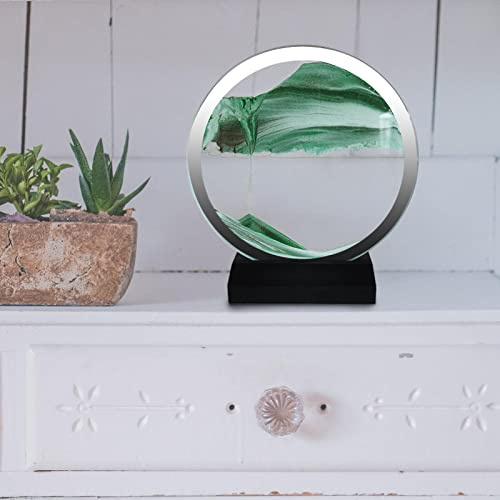 sadfd Fließende Sandmalerei, Dynamisches Sandbild, 3D Dynamischer Treibsand Malerei, Flüssige Sanduhr Ornamente Mit Rundem Glasausblick, Sandmalerei Desktop Dekorationen 7 Zoll, Grün