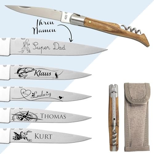 KDO MAGIC - Couteau personnalisé - Tire-bouchon - Manche en frêne - Cadeau Fête des pères - Cadeau Homme, papa, papy - Couteau personnalisable - Idée cadeau Homme - Lame gravée avec un prénom