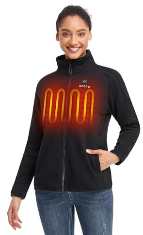 ORORO Women's Heated Fleece Jacket Full Zip with Power Bank, Up to 10 Hours of Warmth - Charger Not Included (Black,L)
