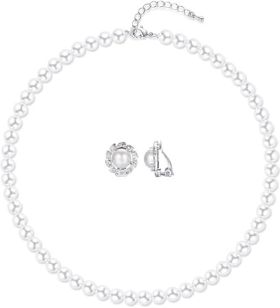 Aleasha Perlen Schmuck Set Damen Weiße Perlenkette Ohrringe Set Silber Ohrringe Blume Zirkonia Kurze Kette 8mm Hochzeit Bräute Schmuck 45CM