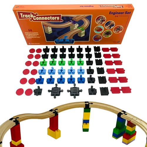 TOY2 Engineer Set mit 64 Schienenverbindern Kompatibel mit BRIO Eisenbahn & Duplo Bausteine - Bauset 6 Verschiedene Track Connectors - Nachhaltige Holzeisenbahn und Holzschienen Set Verbinder