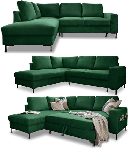 MIUFORM Ecksofa mit Schlaffunktion, Lofty Lilly Wohnlandschaft L-Form, Couch L Form Wohnladschaft mit Schlaffunktion Schlafcouch, Sofa Cord Metallfüße (Flaschengrün, Links ausgerichtet)